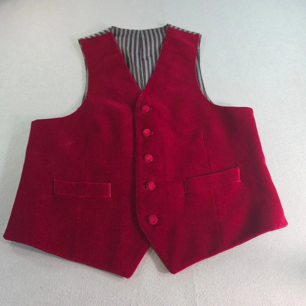 Vintage Red Velvet Waistcoat Vest Mens Striped Back Cinch Formal Holiday Red